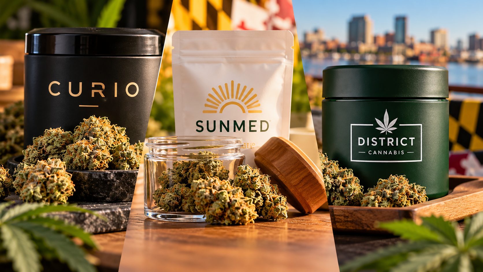 Cannabis flower jars and branded packaging on wooden table with city skyline