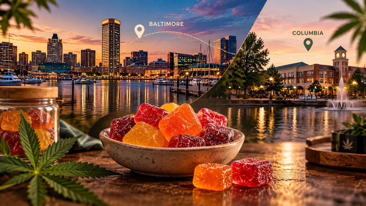 Colorful cannabis gummies in bowl with Baltimore and Columbia skyline backdrop